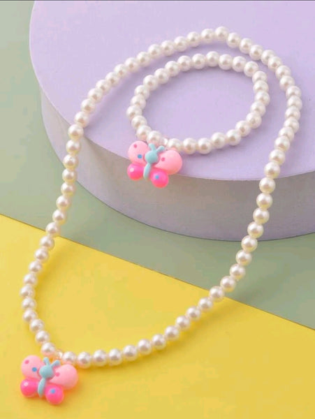 Girls Butterfly Pearl Necklace Set