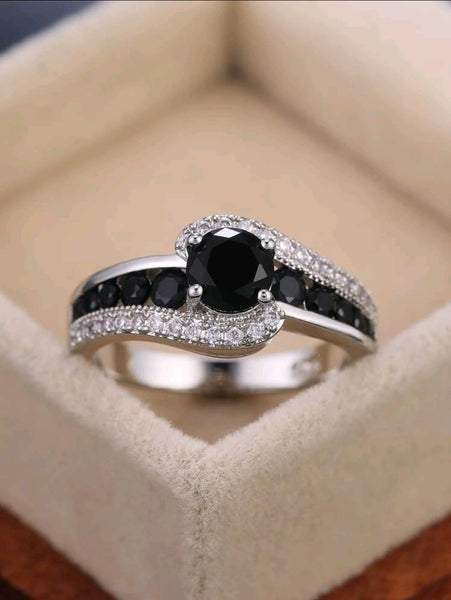 Black Stone CZ Silver Ring