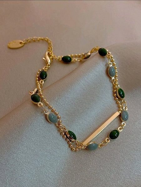 Green Beaded Gold Double Bracelet