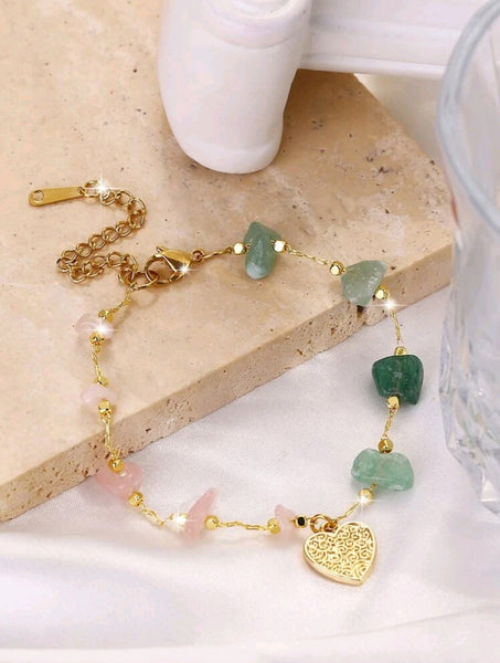 Pink & Green Stone Heart Charm Bracelet