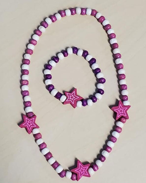 Pink & Purple Wooden Star Necklace and Bracelet Set