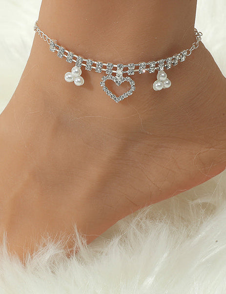 Rhinestone Heart & Pearl Ankle Bracelet