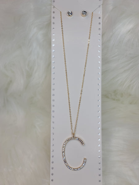 "C" Initial Gold Med/Long Necklace w/ Earrings