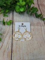 Gold CC Round Rhinestone Earrings