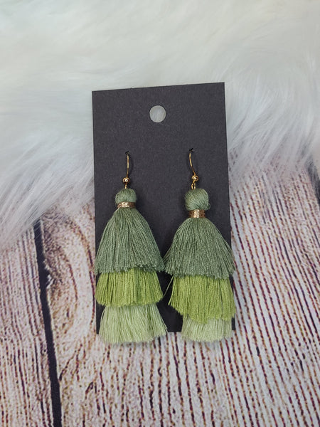 Green Tone Tassel Tier Earrings