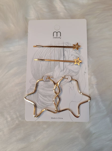 Gold Star Earrings & Hair Pin Set