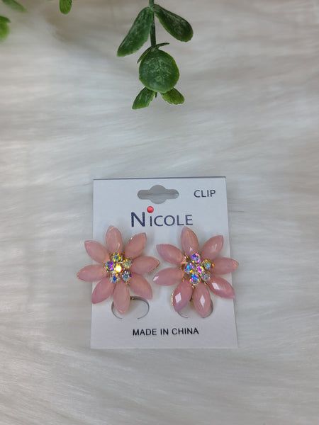 Soft Pink Glass Flower Clip On Earrings