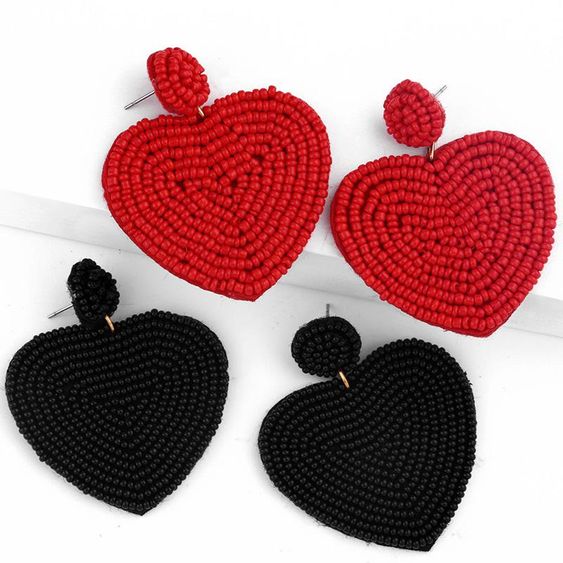 Black Bead Heart Earrings