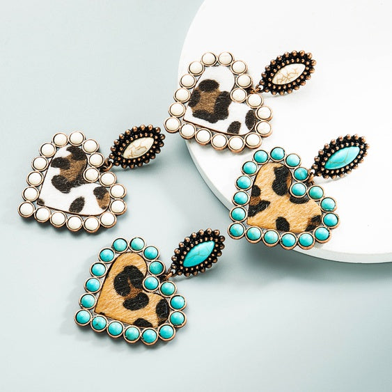 Turquoise Heart Animal Print Earrings