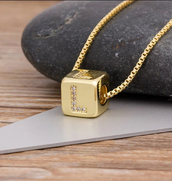 L Intial Block Gold Necklace