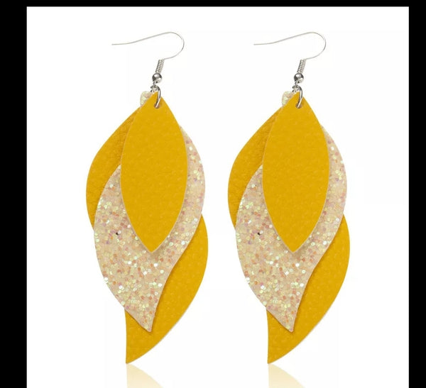 Yellow Leather 3 Layer Design Earrings