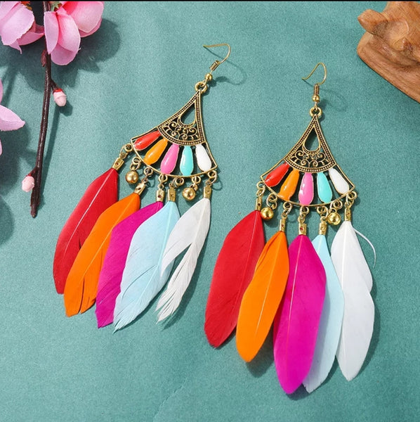 Bright Multi Color Feather Earrings