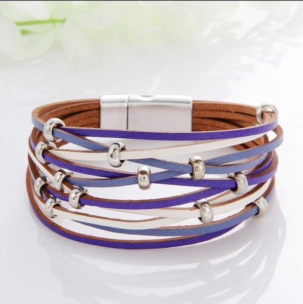 Purple and White Leather Magnetic Clasp Bracelet