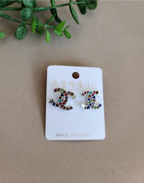 Silver CC Colorful Star Stud Earrings