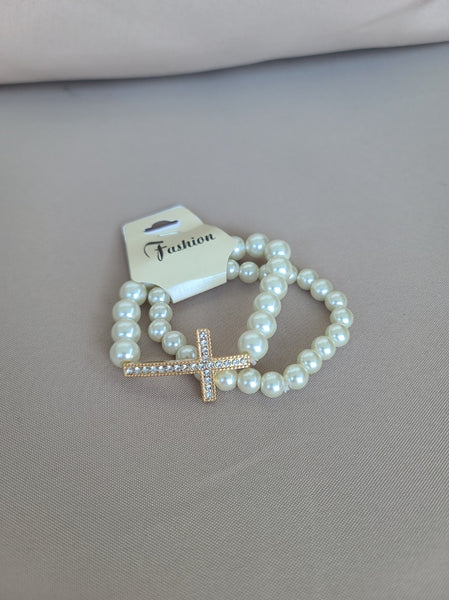 Gold Rhinestone Cross Pearl Bracelet Set