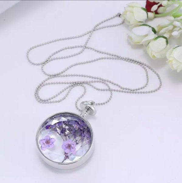 Purple Flower Glass Locket Necklace