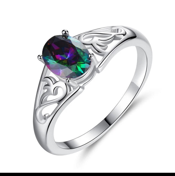 Oval Rainbow Stone Silver Ring