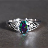 Oval Rainbow Stone Silver Ring