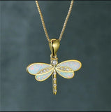 White Simulated Opal Dragonfly Gold Necklace