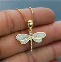 White Simulated Opal Dragonfly Gold Necklace