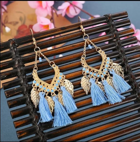 Light Blue Tassel Gold Feather Earrings