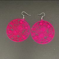 Hot Pink Round Flower Metal Earrings