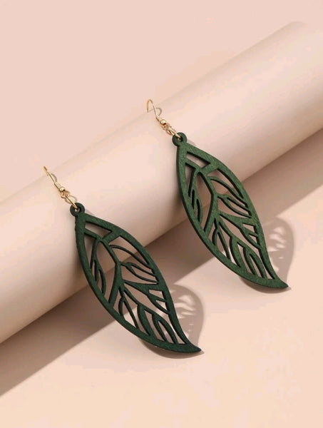 Green Wood Leaf Earrings