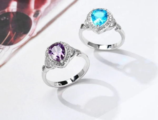 S925 Purple Teardrop Silver Ring