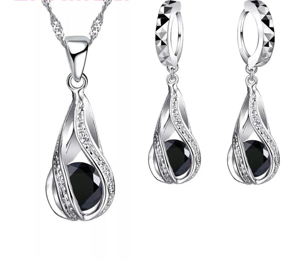 S925 Black Stone Drop Necklace Set