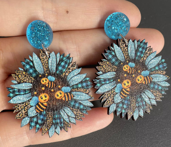 Blue Bee Wooden Sunflower Earrings